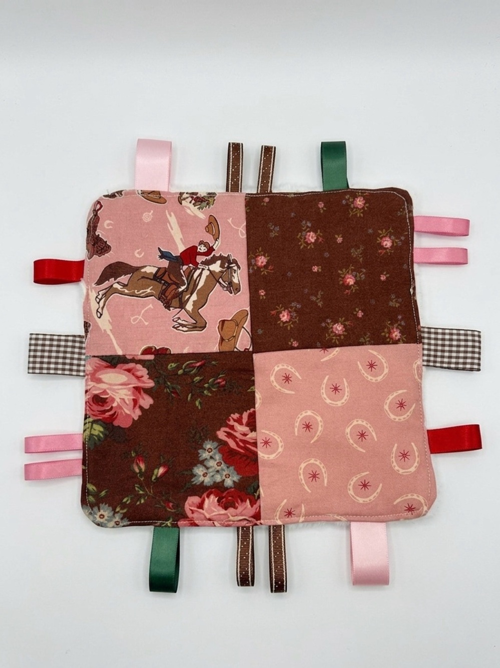 Handmade Sensory Tag Blanket - Pink Western Cowboy & Floral Patchwork Lovey